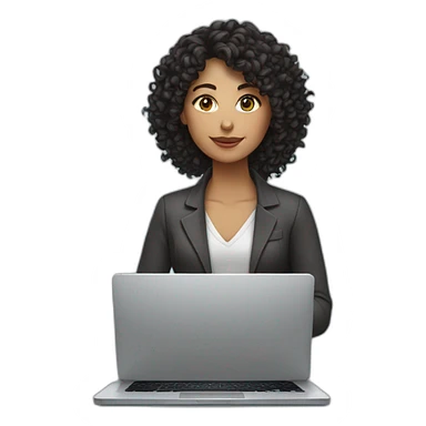 curly dark haired woman with a laptop sticker