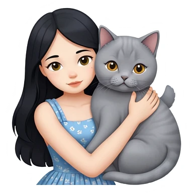A beautiful girl with long black hair wearing a sun dress hugs a British Shorthair sticker
