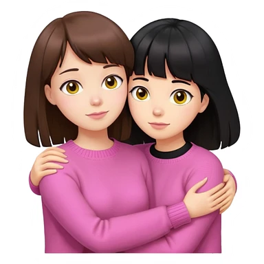 girl in pink sweater with brown hair and bangs hugs girl in yellow sweater with black hair sticker