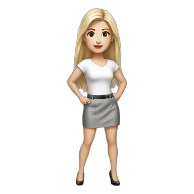 hyperrealistic caucasian long blonde brown eyes woman white top gray tight mini skirt black high heels sticker
