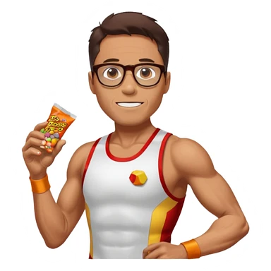Ironman athletic built wearing a singlet, tan, sutro glasses, half tights, gels for running and loves recess pieces and watching tv but also a social worker sticker