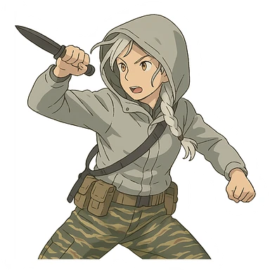 1 female, mid-20's  white hair long braid, gold yellow eyes, light gray rainproof waterproof tactical jacket, hood up, tight-fitting single point sling, tan mag pouches on belt rig, tiger stripe camo pants, holding a combat blade, striking, swinging sticker