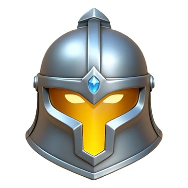 Clash of Clans aesthetic: Cinematic Playful 3D Isometric steel helm Emoji, rendered in a 3D vector-style similar to standard emojis with minimal shading and bold, simplified shapes. A compact, distinct form with signature details, softly glowing with a fantasy RPG magic charm. Simplified yet unmistakably iconic, highly detailed and consistent, glowing with a soft radiance and high shine. Stylized with a touch of heroic grandeur and a soft glowing outline, capturing the essence of a beloved gaming relic with a friendly, playful manner! sticker