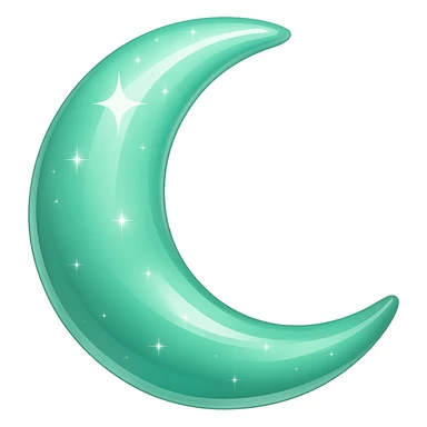 Make the sparkly glossy pastel green-gradient crescent moon even more glossy and shiny, without any face. The style should resemble an emoji style with a sparkly and glossy pastel green gradient look. The background should be removed, leaving only the crescent moon visible. sticker