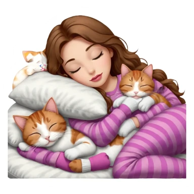 girl with long wavy brown hair, brown eyes, long lashes makeup, sexy pink lips, light to medium complexion,  sleeping on a cozy pillow, with 6 cats: 1 brown and white tabby cat, 1 ginger and white, 2 grey and white, 1 grey with white mittens and small white patch on chest and 1 calico, sleeping sticker