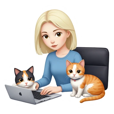 A girl is working on a laptop with a cat lying next to it sticker