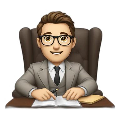 Pale skinned Fit Man With dark brown hair in gray jacket, beige office shirt, Brown pants and vintage glasses sitting In a soft chair with a notebook with emblem Ψ and a pen in his hands sticker