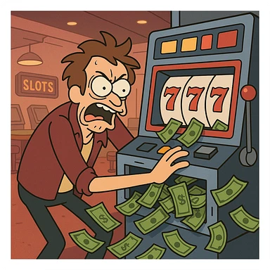 frantic gambler scraping a slot machine, money pouring out, distressed expression, casino setting, vibrant cartoon style sticker