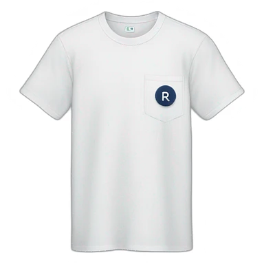 white tshirt with navy letter r on breast pocket sticker