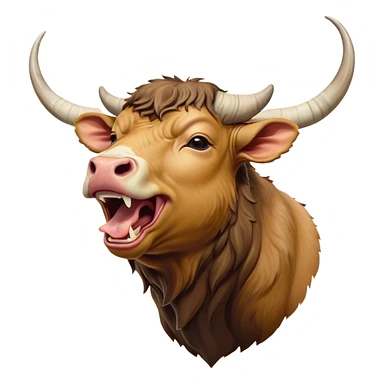 Cinematic Cute Yawning Domestic Ox Portrait Emoji, Head tilted slightly with a dramatic, wide-open yawn, showcasing a soft, textured hide with drooping horns and half-closed, drowsy eyes, Simplified yet irresistibly adorable features, highly detailed, glowing with a soft, cozy natural glow, high shine, relaxed yet expressive, stylized with a dash of pastoral whimsy, soft glowing outline, capturing the essence of a sleepy yet affectionate ox that seems ready to stretch out for a nap! sticker