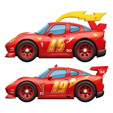 red cartoon race car with a big smile and lightning bolt decals, inspired by Lightning McQueen sticker