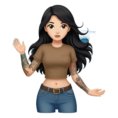 Fair skin girl - long black hair, big waves - wearing a brown navel-baring short-sleeved shirt - jeans - big arm tattoos sticker