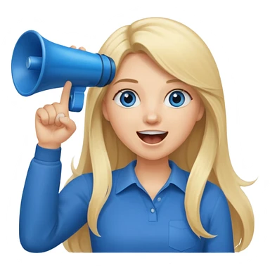  blue eyes blonde girl yelling into megaphone smiling long hair holding up finger sticker