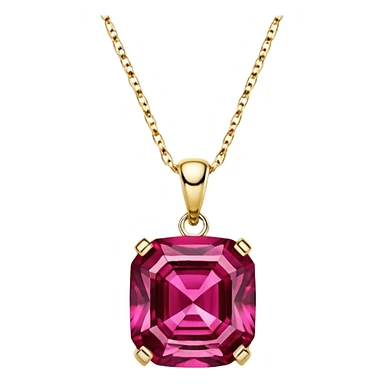 Isolated, 3d rendering, sparkling, vibrant and bold deep redish pink , hyperrealistic Lab Created Hydrothermal Rubellite, Asscher, 14k gold, luxury style necklace sticker