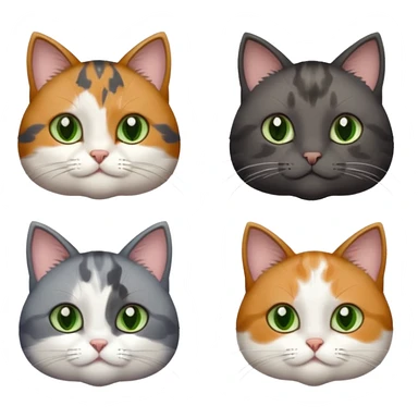 3 different coloured small cats including a dark grey and white, and a patchy calico with hazel eyes and a completely solid dark grey with green eyes and only white paws sticker