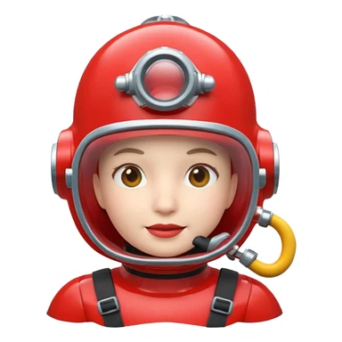 3D cartoon-style human character in the Apple emoji style, wearing a red diving helmet with glass visor sticker