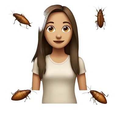 a slightly tan brown haired girl standing next to a roach  sticker