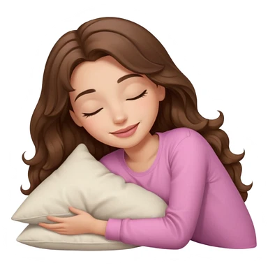 girl with wavy long brown hair, brown eyes, light to medium complexion, long lashes, light pink lipstick, smiling, wearing light pink shirt, sleeping on a cozy pillow sticker