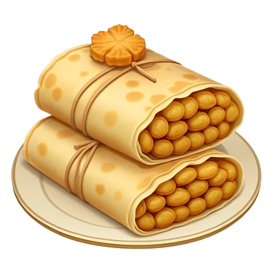 Shandong Jianbing guozi rolled pancake with crispy fritter inside, simplified emoji style with bold outlines and bright colors, cartoon style Chinese crepe sticker