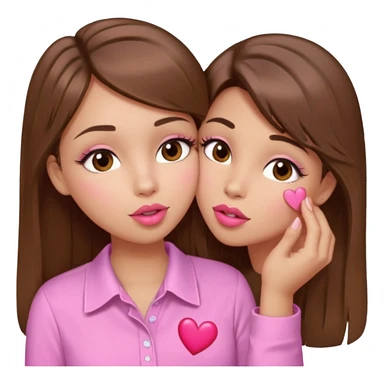 girl with long wavy brown hair, brown eyes, light to medium complexion, in a pink shirt, pink lips, long lashes, puckering up for a kiss, kiss lips and hearts in hand sticker