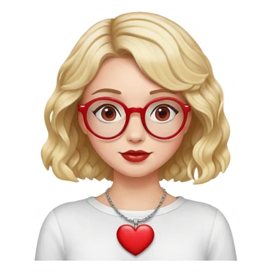 white girl head with short wavy blonde bob hair, red round glasses, heart necklace sticker