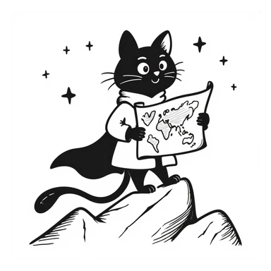 Adventurous cat explorer holding a map, standing on mountain ridge with stars in background, light clothing and cape blowing in wind, looking into the distance sticker