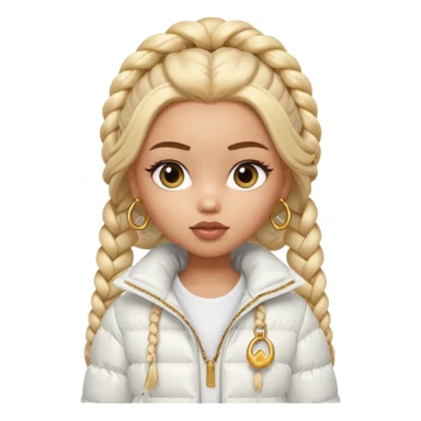 generate a pretty bratz girl with a WHITE puffer jacket, hoops, long braided hair sticker