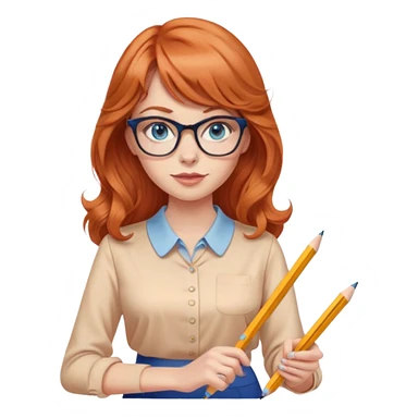 redheaded woman with long wavy hair and bangs, blue eyes, cat-eye glasses, pencil skirt, apricot blouse, holding a pencil sticker