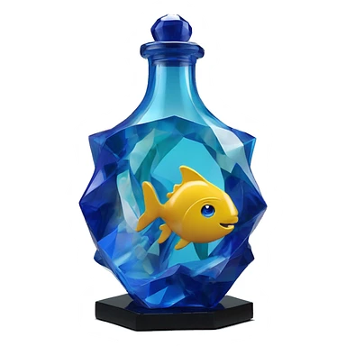 symbolic ocean in a bottle sculpture symbolizing Pisces with a geometric, faceted design. The bottle is standing upright with angular and baroque features. The vibrant deep blue waves colors highlights the sharp edges and planes.  sticker