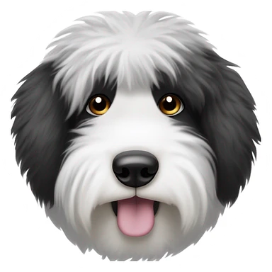 Fluffy Old English sheepdog face with the left half of his face white and the black half of his face black. White around the mouth and nose. Coloring around the eyes should be half and half as described like a black and white cookie sticker