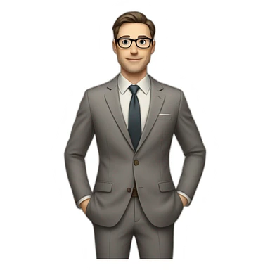 Full height Pale skinned Fit Man With dark brown hair in classic gray suit, beige office shirt, dark gray tie, and vintage glasses. His right hand is directed up sticker