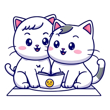 two girls watching a cute kitty drawing an emoji, playful cartoon style sticker