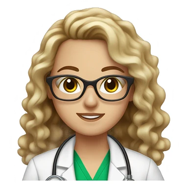 white girl with long brown to blonde balayage curly hair and green eyes with glasses in a lab coat sticker