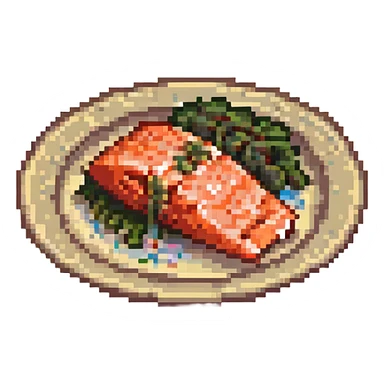 pixel art salmon fillet on a small plate, cute and appetizing sticker