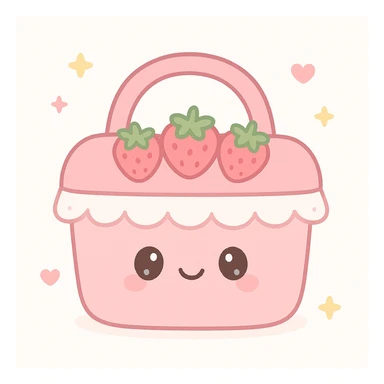 a pink picnic basket with strawberries and lace, cottagecore style, gentle and romantic sticker