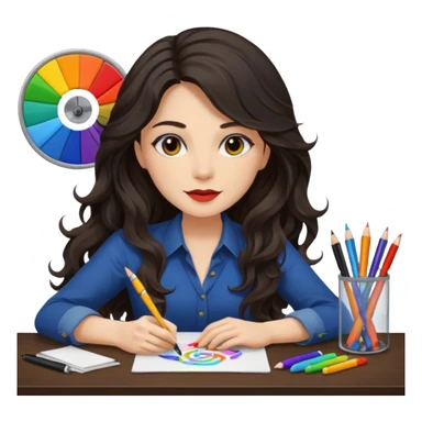 female dark wavy long hair graphic designer , color wheel, pens, papers , desktop sticker
