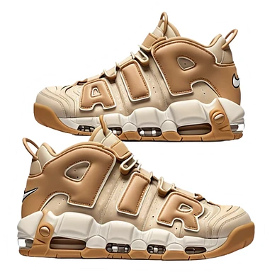 Clean iOS-style emoji of a pair of beige Nike Air More Uptempo sneakers, with left and right shoes arranged with one slightly behind the other, simple minimal design with subtle shadows sticker