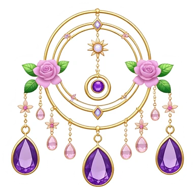 Epic beautiful gorgeous cute gold suncatcher, threads with shiny sparkly amethyst and rose-quartz gemstones, flowers, crescents-moons sticker