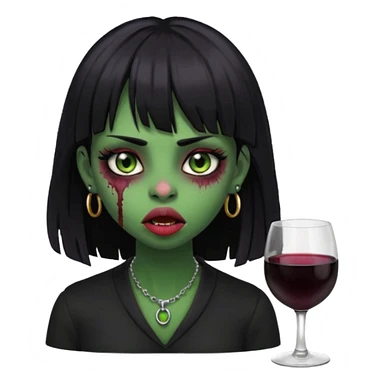 uma garota ZUMBI (cor de pele verde), com piercing na boca e no nariz, com olhos vinhos, cabelos pretos e com franja, e roupa preta sticker