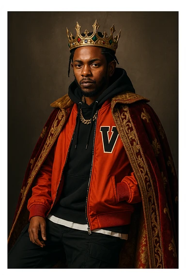 Kendrick Lamar as a modern king, streetwear mixed with royal elements, crown, confident pose, bold and stylish sticker