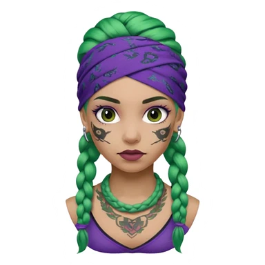 green braided hair with purple head bandana and lots of face tattoo girl sticker
