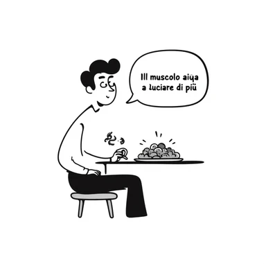 Uomo che mangia sano ma non riesce a dimagrire, piatto di insalata e pollo, corpo magro ma poco tonico, testo in italiano: “Il muscolo aiuta a bruciare di più”. sticker