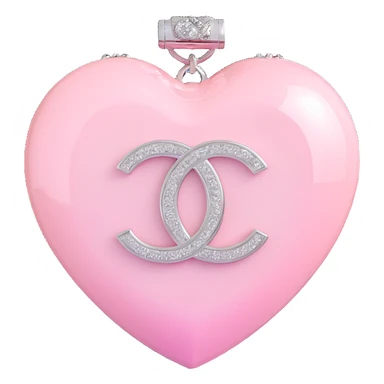 Add a soft pink glow around the glossy white heart with diamond accent and silver Chanel logo, elegant, white and silver color scheme, keep the background transparent except for the glow. sticker
