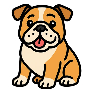 English bulldog, sitting pose, playful look, clear outlines, color icon style sticker