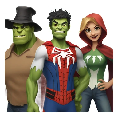 Spider-Man, the Hulk scarecrow and the wicked witch together as a family sticker