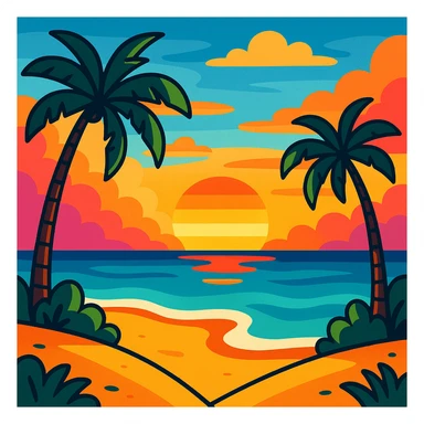 Summer landscape with a beach, palm trees, and a sunset, vibrant and colorful sticker