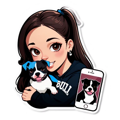 Slightly overweight beautiful girl with choppy long dark hair with her nose piercing and her black iPhone with her her pet pit bull girl with an underbite layed next to her sticker