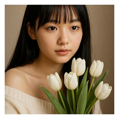 close-up view of a girl with long black hair, thin bangs, and black eyes, wearing a cream off-shoulder sweater, holding a bouquet of white tulips sticker