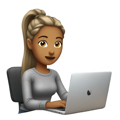 Woman with ponytail and gray sweater sitting at table with Apple laptop sticker