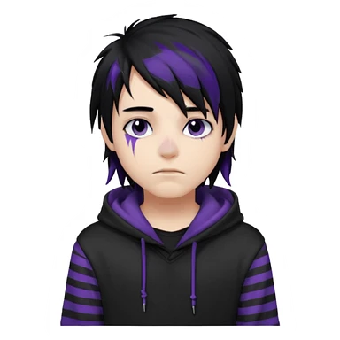 emo teen boy with long one-side messy black hair, dark hoodie with white and purple striped sleeves, piercings on his nose, dark eyeshadow sticker